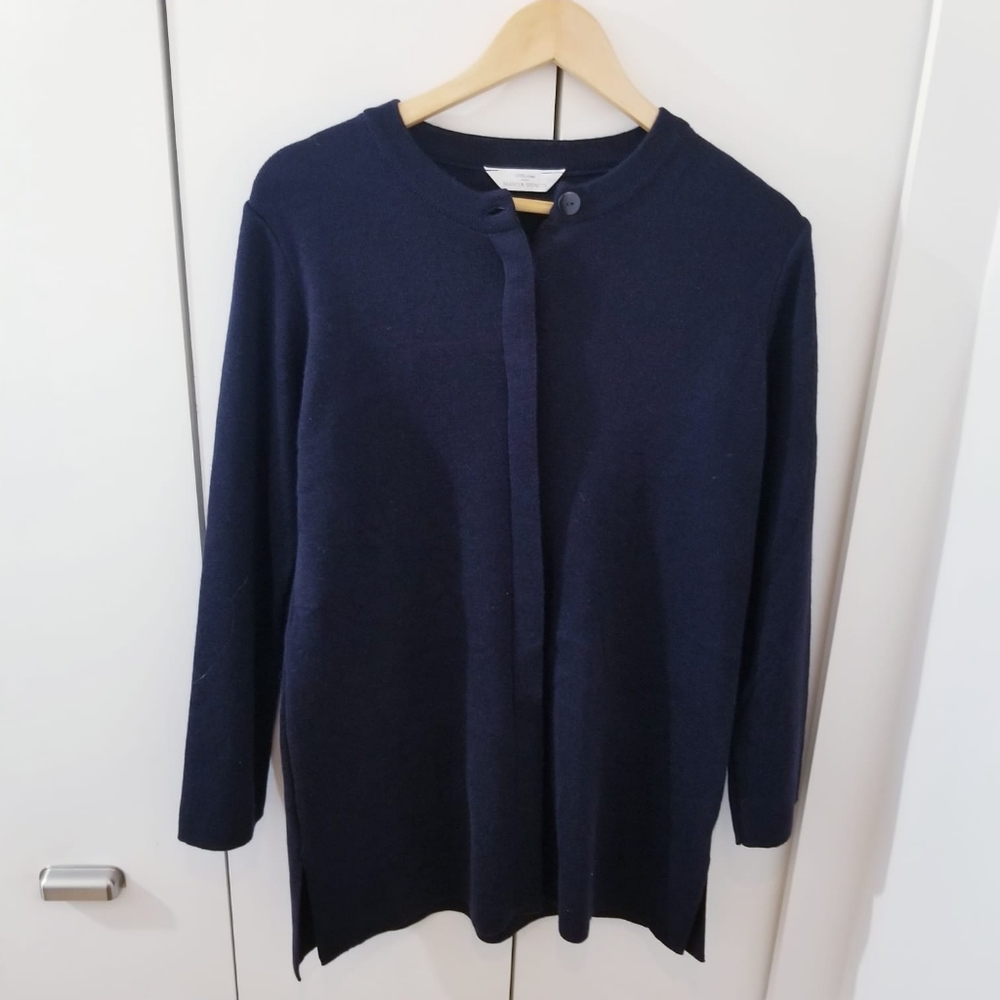 St Michael Marks & Spencer UK Navy Blue Crew Neck Cardigan Sweater Merino Wool